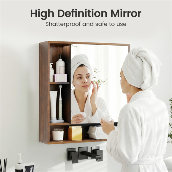 二合一镜面浴室壁柜，带隐藏式储物和架子的节省空间的药柜 - 胡桃色-6