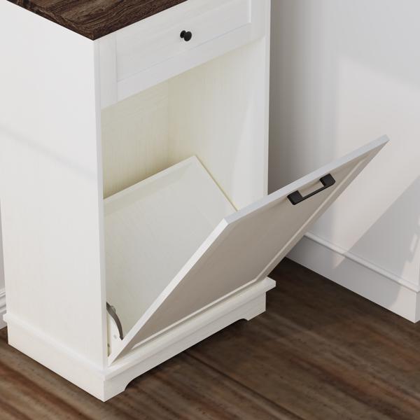 10加仑倾斜式垃圾柜，独立式垃圾桶柜，木质垃圾回收柜，带隐藏式抽屉，宠物防翻垃圾桶架，适用于厨房客厅，仿古白色（不含垃圾桶）--不支持self-pick up且不支持指定仓库发货-10