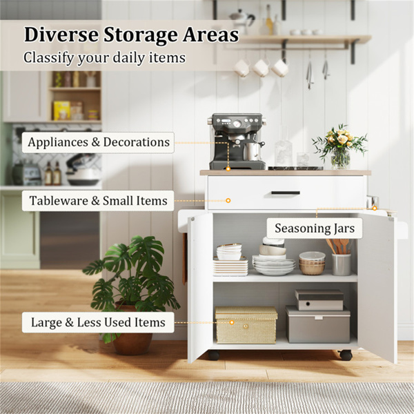 41.5英寸带储物空间的滚动厨房岛推车，带抽屉和橱柜的白色厨房推车，香料架和毛巾架-9