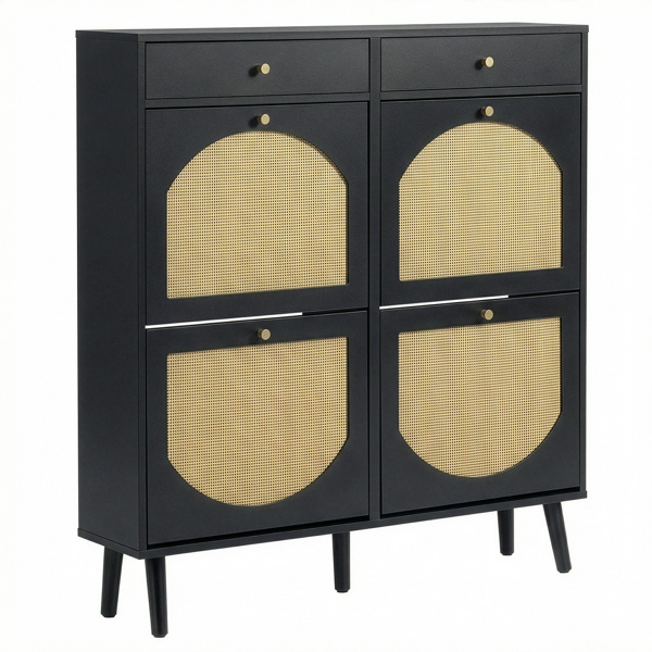 藤面2抽4翻斗 鞋柜 刨花板 105*24*110cm 黑色-10