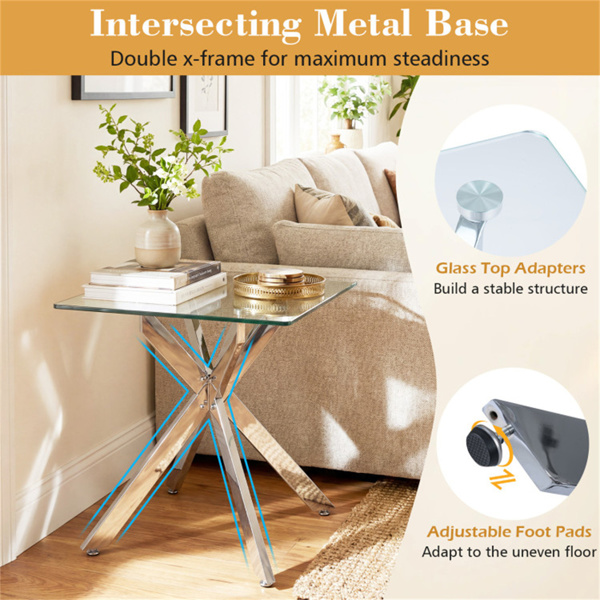 20英寸x20英寸x22.5英寸玻璃边桌、银色钢化玻璃边桌，带交叉金属底座-9