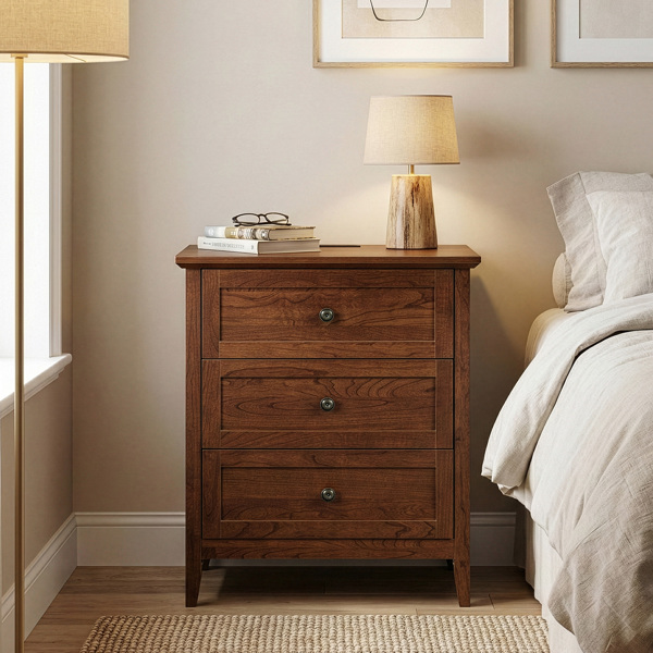 棕色（1061实木樱桃） P2 密度板+刨花板 贴三胺 拼框 60*40*70cm 三抽 床头柜 1USB+1TYPE-C+2三插 美规-9