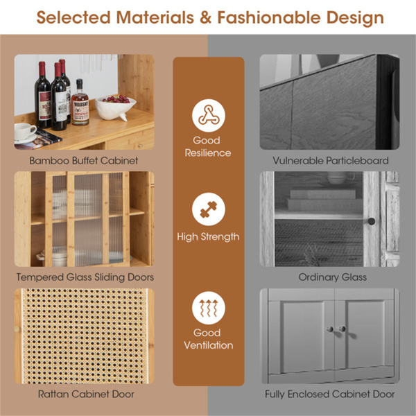69英寸竹制厨房橱柜，配钢化玻璃门、额外储物空间及防倾倒设计-9