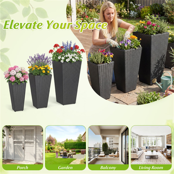 一套3个PP藤条花盆，带金属框架和内盆，可堆叠的室内外高花盆-6