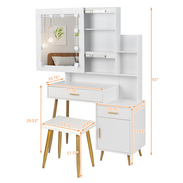  白色 刨花板三胺贴面 2抽 1门 2层架 镜柜 梳妆桌套装 三色调光灯泡 N001-2