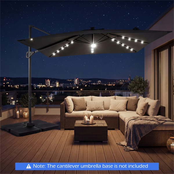 10x10英尺灰色太阳能LED悬臂式露台伞360°旋转偏置带灯挂伞-8