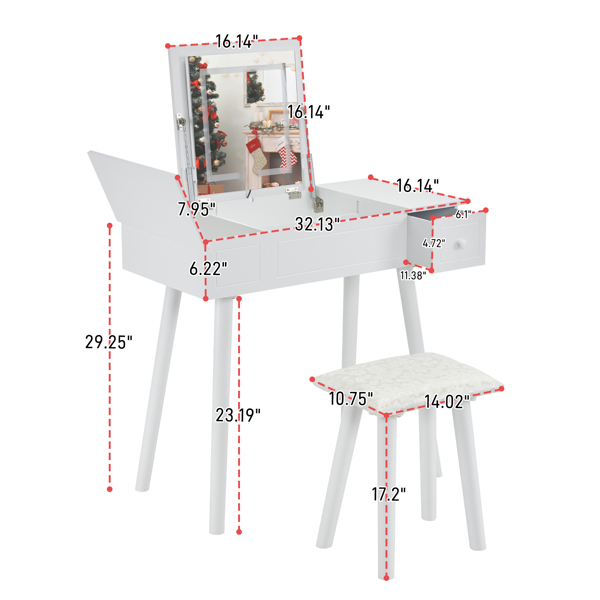 白色 密度板 梳妆桌套装 翻盖LED三色调光镜 欧式-3