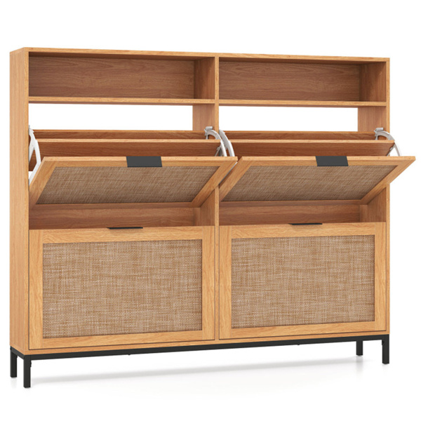 波西米亚风格鞋柜，带4个翻转抽屉和开放式架子，入口独立式鞋柜-棕色-5