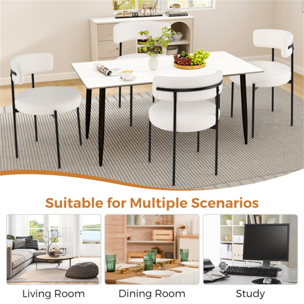 2把白色夏尔巴软垫餐椅，符合人体工程学的弧形靠背和宽圆形座椅-5