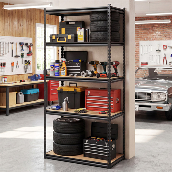 5层重型黑色车库货架单元，72英寸高x 36英寸宽x 18英寸深，2200磅负载能力无螺栓存储架-9