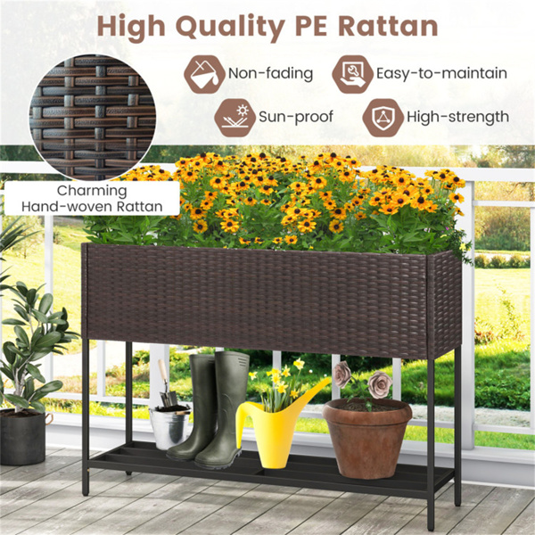 棕色PE藤条高架花盆，带下架，101.6×30.48×71.12cm带排水的高架花园床，7.03kg-7