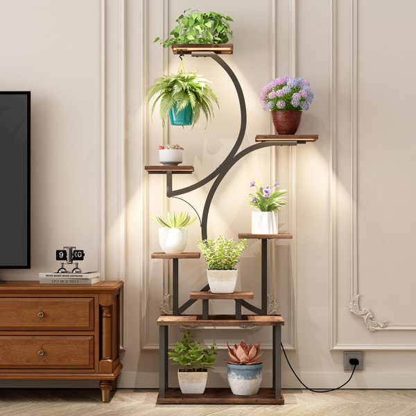 室内植物架带生长灯 - 62 英寸高植物架，带灯转角植物架，适用于室内种植，8 层大型花卉架，S 形装饰架，适用于客厅（胡桃木色）--不支持self-pick up且不支持指定仓库发货-8