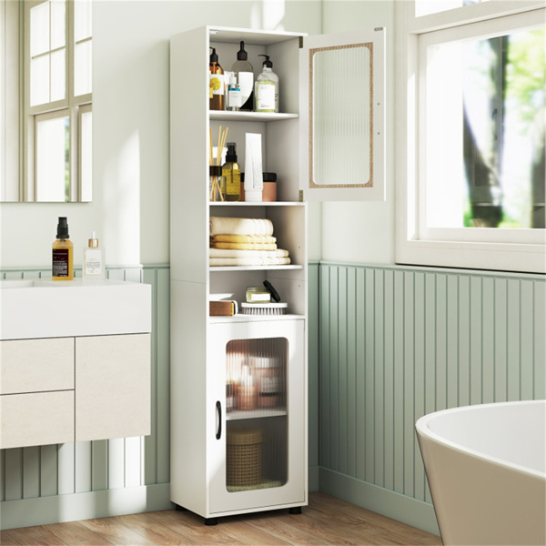 67英寸高瘦浴室储物柜，带槽门，可调节架子，独立式窄收纳架 - 白色-6