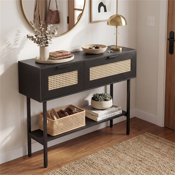 黑色藤条控制台桌，带储物柜和开放式架子，40英寸入口桌，带坚固的碳钢框架，适用于客厅、走廊、沙发桌-8