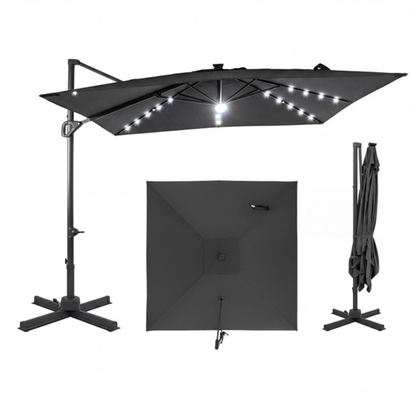 10x10英尺灰色太阳能LED悬臂式露台伞360°旋转偏置带灯挂伞-1