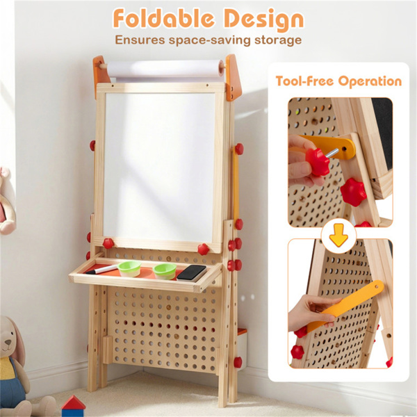 四合一儿童艺术画架，带大理石滑道，可调节高度双面绘画画架，配有纸卷和储物空间-7
