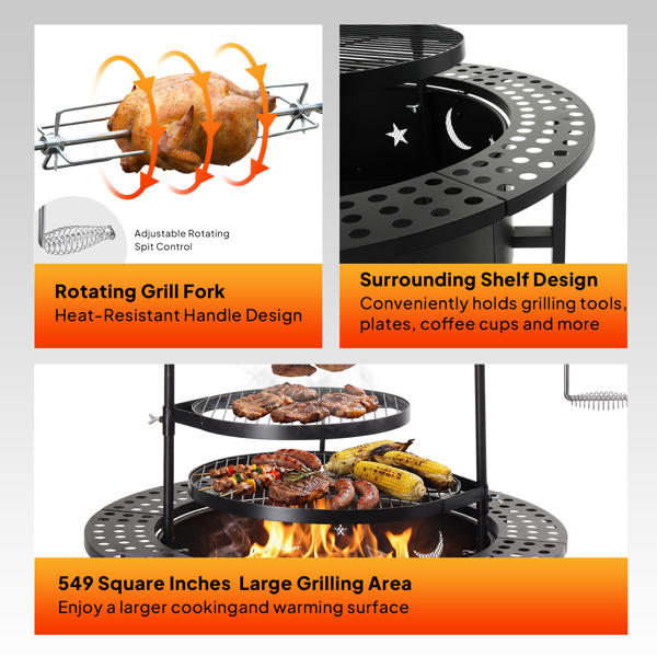 85*85*93CM 黑色 星月炉盘烧烤架 2层圆形烤盘 带置物架 铁质 600度高温 碳烤炉-5