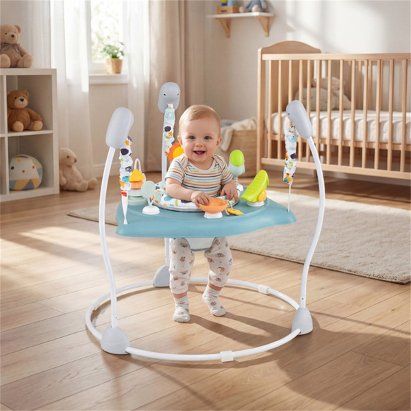 3层高度可调婴儿弹跳器，带多功能玩具，稳定的金属框架跳跃器 -蓝色-2
