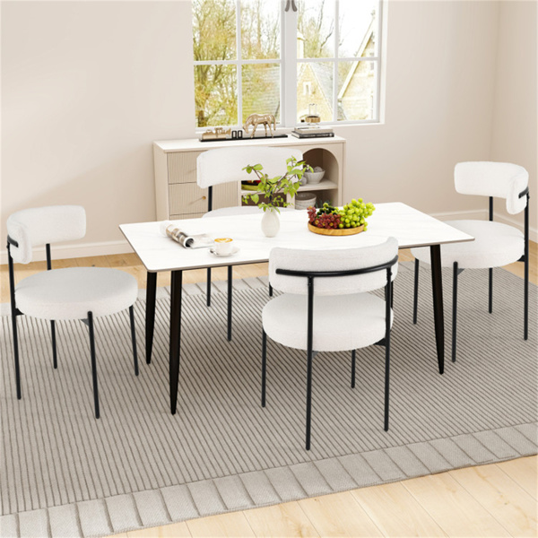 2把白色夏尔巴软垫餐椅，符合人体工程学的弧形靠背和宽圆形座椅-10