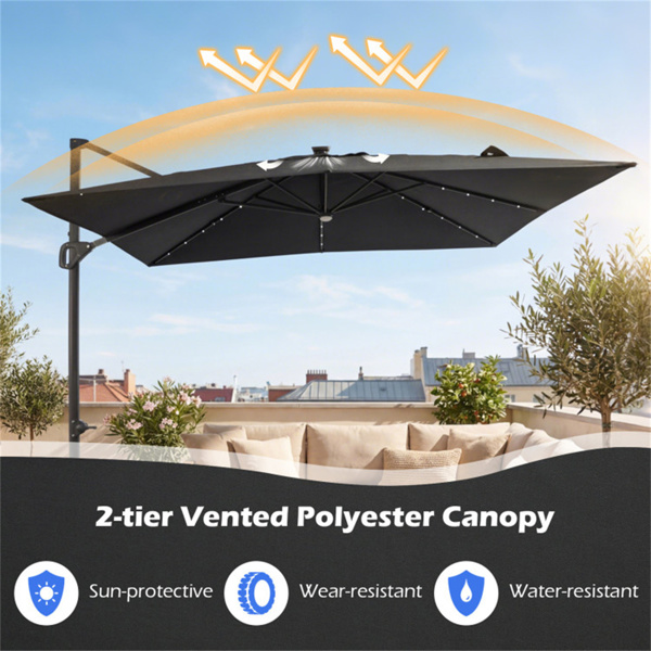 10x10英尺灰色太阳能LED悬臂式露台伞360°旋转偏置带灯挂伞-7