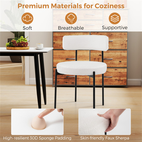 2把白色夏尔巴软垫餐椅，符合人体工程学的弧形靠背和宽圆形座椅-6