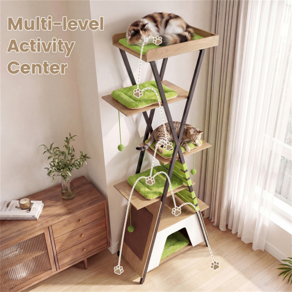 73英寸多层猫树，带公寓和鲈鱼，多猫攀爬塔，带抓地垫和互动玩具-10