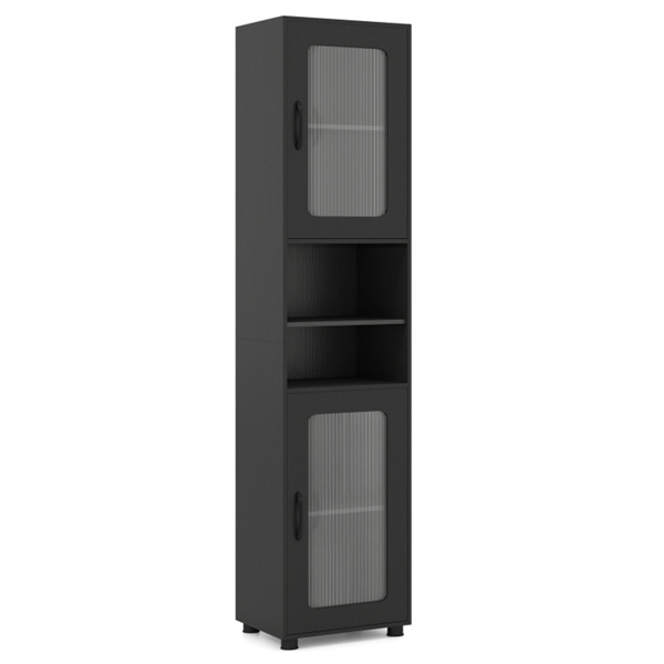 67英寸高瘦浴室储物柜，带槽门，可调节架子，独立式窄收纳架 - 黑色-2