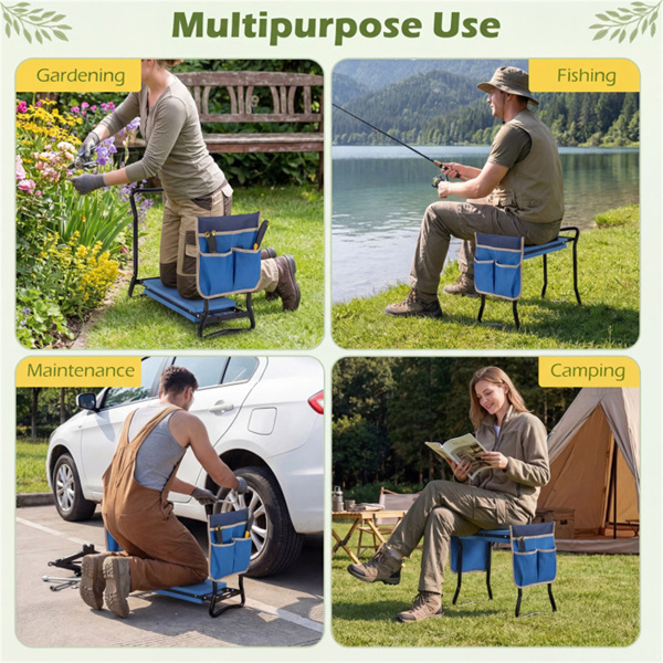 蓝色二合一花园折叠凳膝盖，300LBS容量和内置工具袋，舒适的EVA座椅​-10