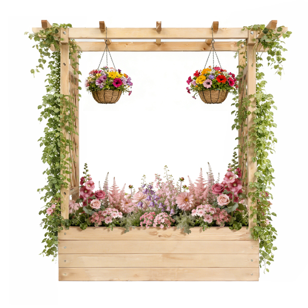 110*44.5*113CM 原木色 带拱形格子 高架花园床 杉木 木种植-12