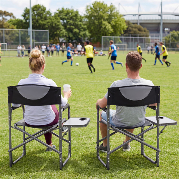 400LBS重型折叠露营椅，带边桌和杯架，户外带衬垫的董事椅 - 黑色-8