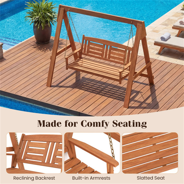 2人硬木门廊秋千，带支架，可容纳800磅的室外露台秋千，适用于花园池畔-4