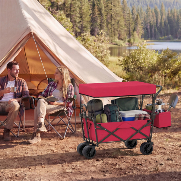 可折叠多功能车、可调节把手户外货车、带制动器的防刺穿车轮、可拆卸袋和侧袋 - 红色-3