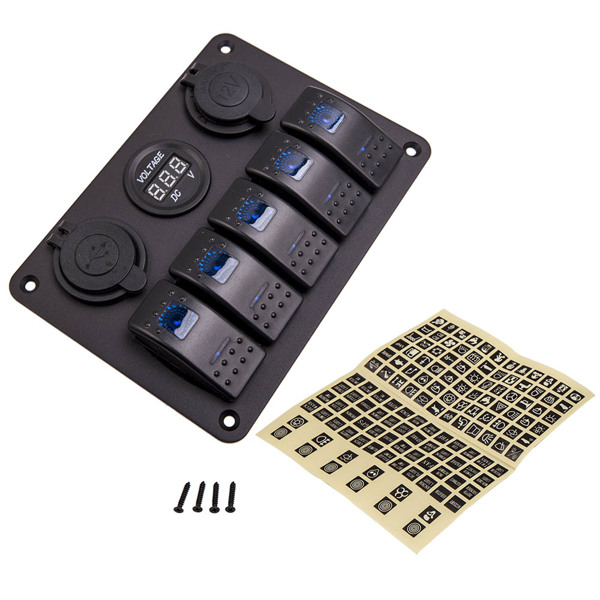 Quality 5 Gang On-Off LED Waterproof Circuit Rocker Toggle Switch Panel 2USB-6