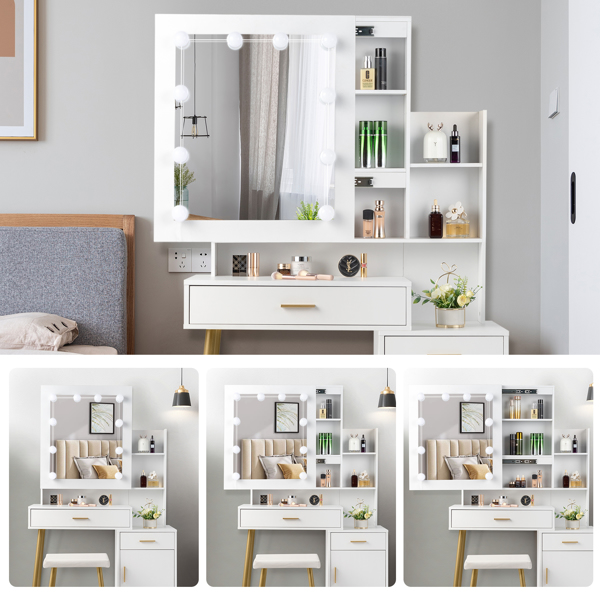  白色 刨花板三胺贴面 2抽 1门 2层架 镜柜 梳妆桌套装 三色调光灯泡 N001-3