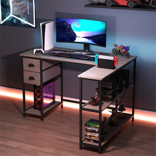 L形电脑桌，带内置电源插座、USB和Type-C充电端口、带织物抽屉和储物架的家庭办公室角桌 - 橡树色-7