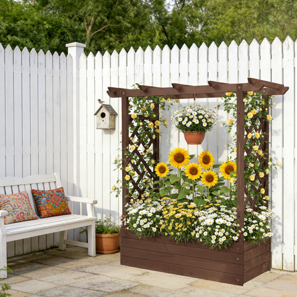 110*44.5*113CM 碳化色 带拱形格子 高架花园床 杉木 木种植-19