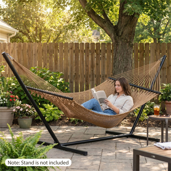 2人聚酯加勒比吊床，带硬木撑杆，可承重600磅，露台花园双人吊-卡其色-10