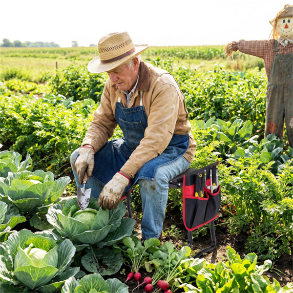 黑色二合一花园折叠凳膝盖，300LBS容量和内置工具袋，舒适的EVA座椅​-10