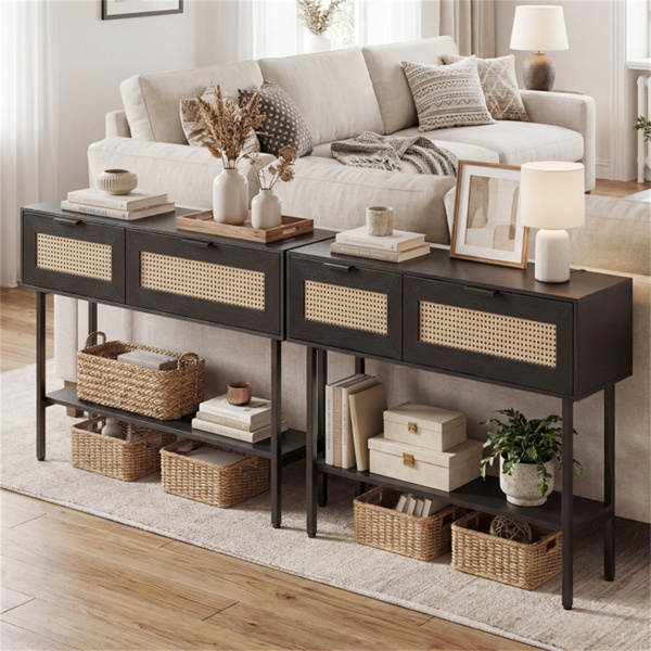 黑色藤条控制台桌，带储物柜和开放式架子，40英寸入口桌，带坚固的碳钢框架，适用于客厅、走廊、沙发桌-10