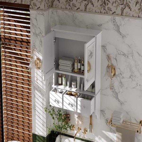 四合一浴室镜柜，24英寸壁挂式药柜，带抽屉和收纳挂钩，高清镜面，带浴室梳妆台储物空间--不支持self-pick up且不支持指定仓库发货-6