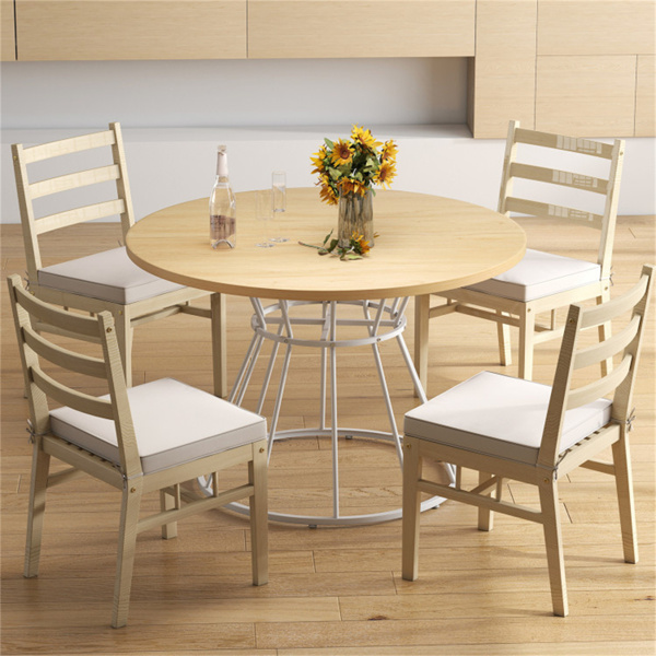 自然色47英寸圆形餐桌，适合4-6人家庭使用，沙漏金属底座和曲面桌面-9