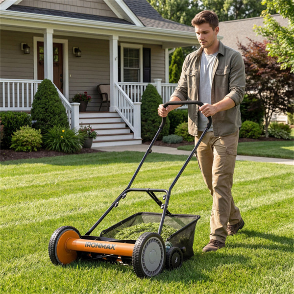 18英寸带草捕集器的5刀片推式卷轴割草机，带4级高度调节的手动手扶式割草机 - 橙色-2