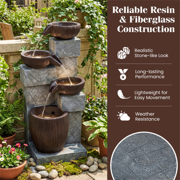 带LED灯的四层瀑布喷泉，花园露台可调节流量的树脂玻璃纤维室外喷泉-8