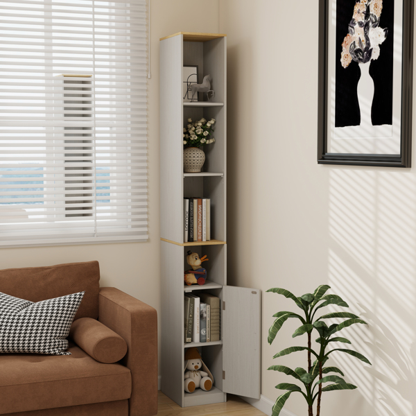 72英寸高纤薄储物柜，6层窄型独立式浴室柜，带1扇门和2个可调节搁板，书架展示储物架，立方体CD/DVD储物柜 - 复古白(不支持self-pick up且不支持指定仓库发货)-6