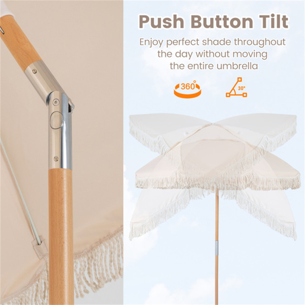 6英尺波西米亚风格露台伞，带流苏、山毛榉木杆和玻璃纤维肋条，按钮式倾斜户外伞-6