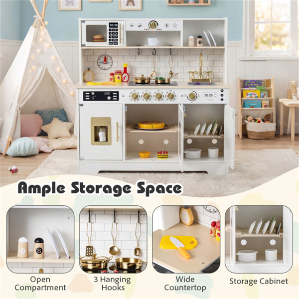 儿童木制游戏厨房，配有逼真的灯光和声音，为3岁幼儿提供假装制冰机和储物空间+ - 白色-10