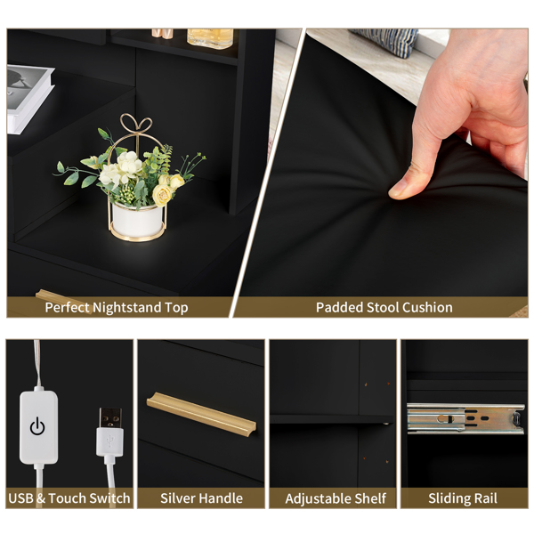  黑色 刨花板三胺贴面 2抽 1门 2层架 镜柜 梳妆桌套装 三色调光灯泡 N001-5