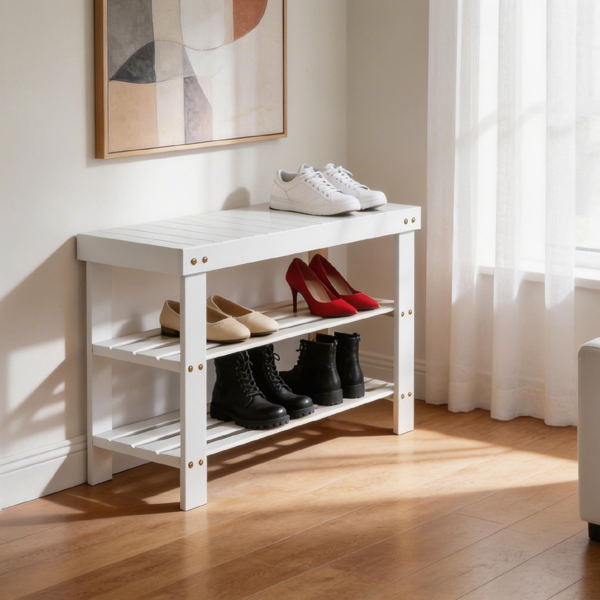 70cm长3层顶板无缝 竹制 70*28*45cm 鞋架 白色-7