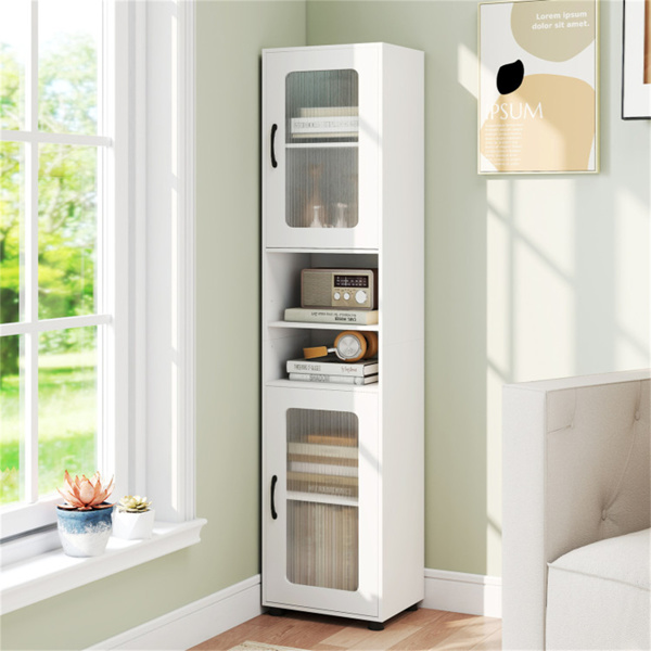 67英寸高瘦浴室储物柜，带槽门，可调节架子，独立式窄收纳架 - 白色-7