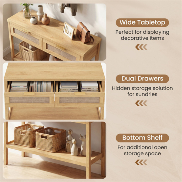 带储物抽屉和底部架子的40英寸控制台桌，走廊客厅的坚固PE藤条门厅桌-5